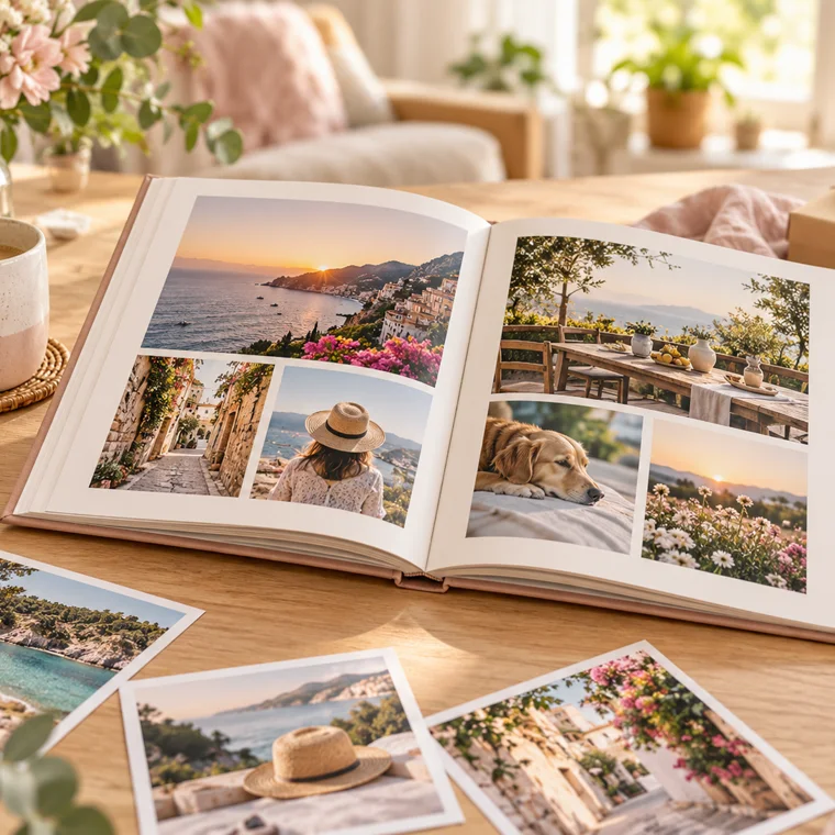 Álbum de fotos personalizado junto a fotografías y un regalo