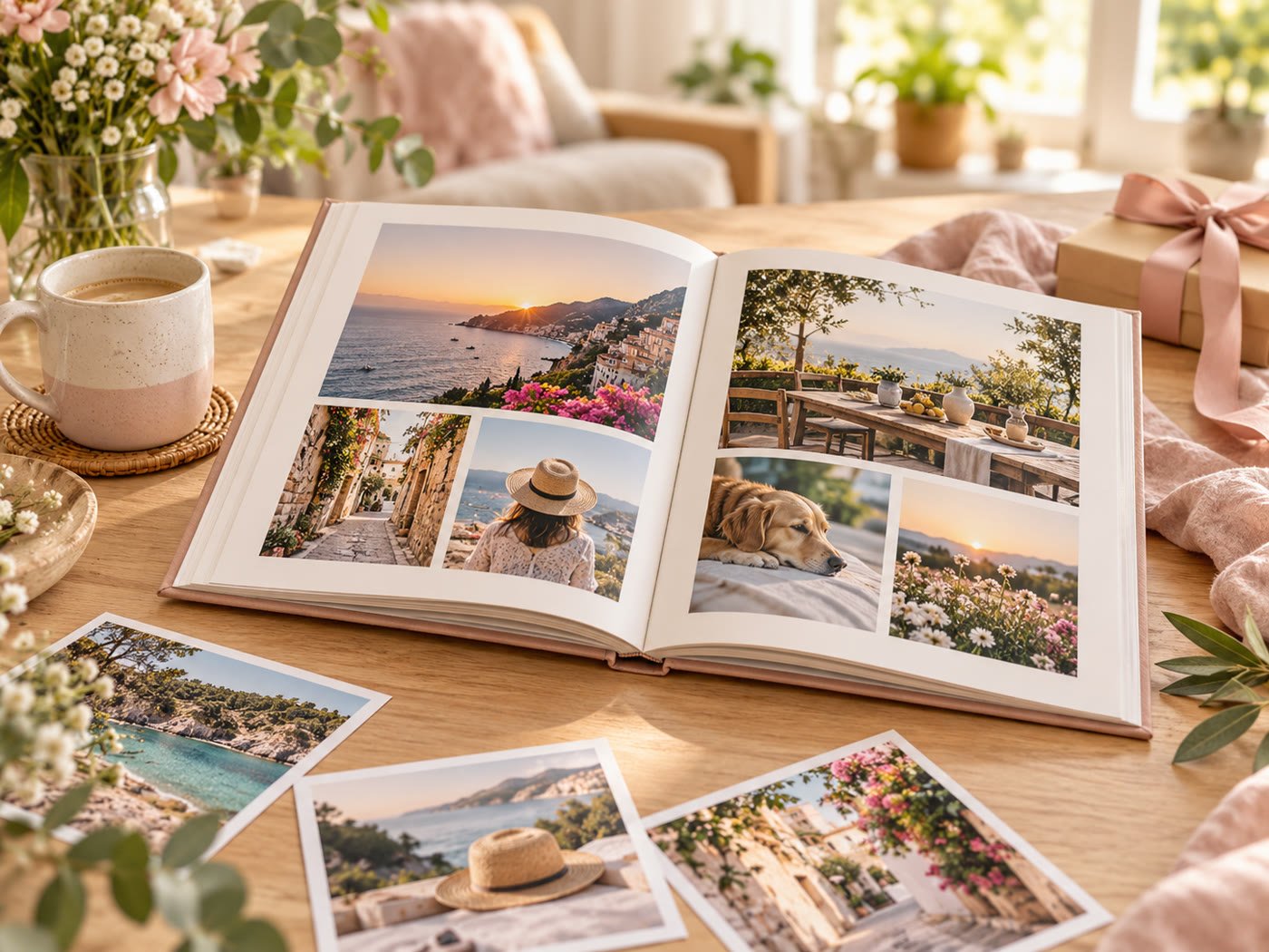 Álbum de fotos personalizado abierto junto a fotografías y un regalo
